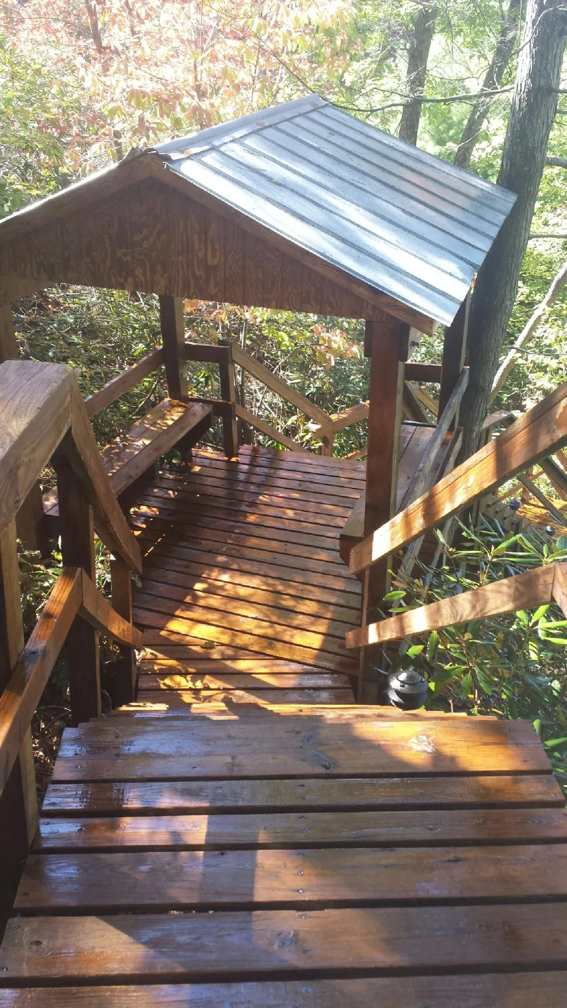 Freshly stained wood walkway and covered shelter with a metal roof in Danielsville